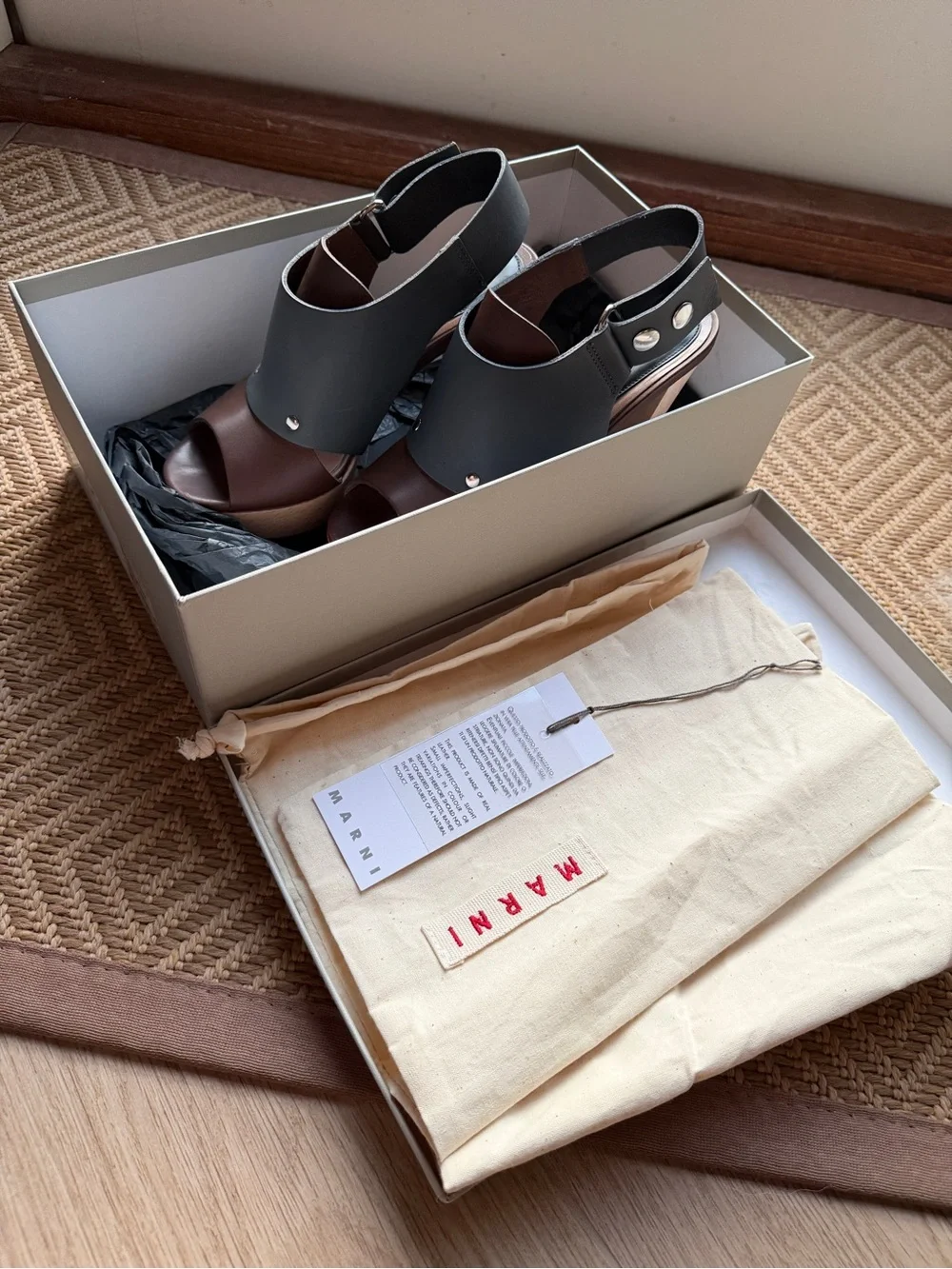 Marni Brown and Dark Grey Leather Slingback Platform Heels